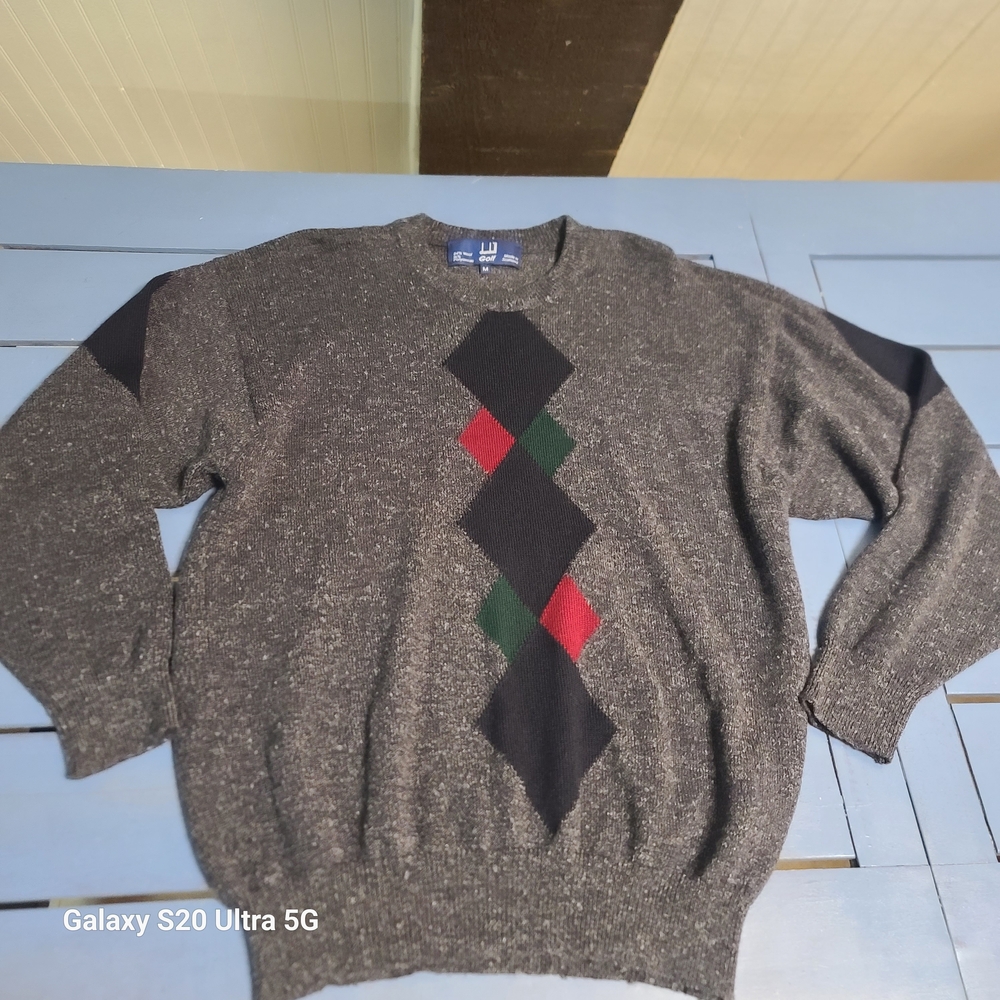 Dunhill Charcoal Crewneck Sweater with Black, Red & Green Argyle
